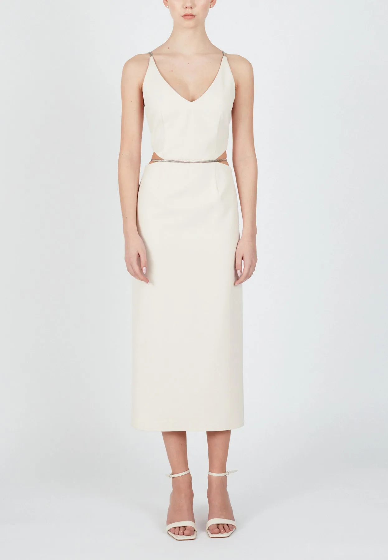 ALMA cream midi dress with flat snake chain braces