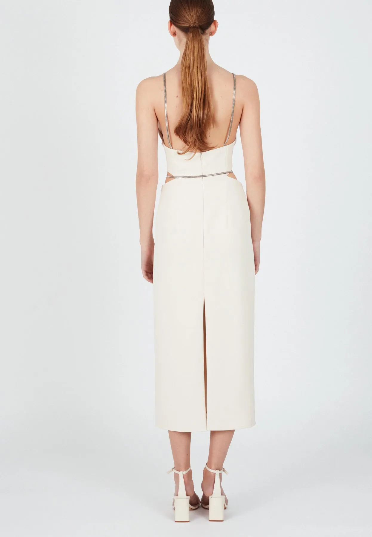 ALMA cream midi dress with flat snake chain braces