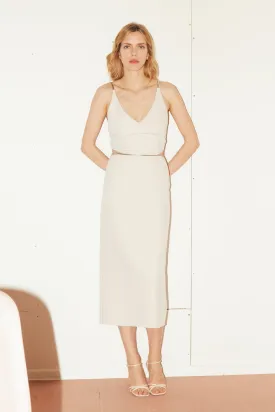 ALMA cream midi dress with flat snake chain braces