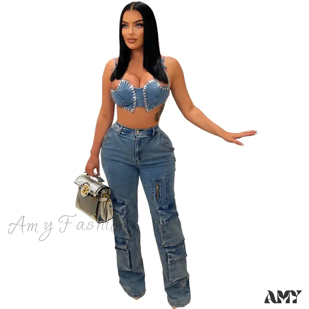 Amy Fashion - Baggy Pocket Denim Wide Leg High Waist Cargo Y2K Streetwear Fashion Denim 2024 Summer Clothes Jean