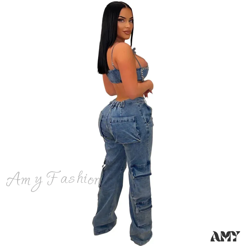 Amy Fashion - Baggy Pocket Denim Wide Leg High Waist Cargo Y2K Streetwear Fashion Denim 2024 Summer Clothes Jean