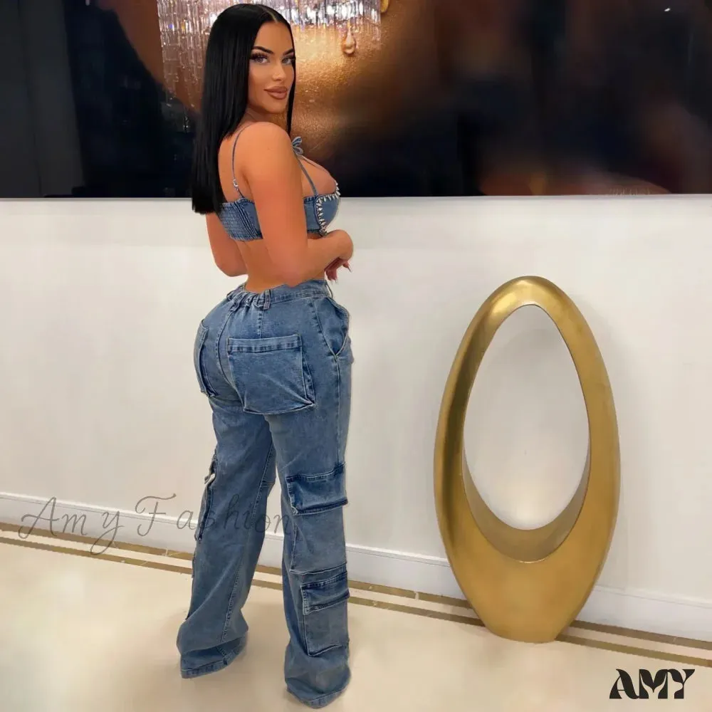 Amy Fashion - Baggy Pocket Denim Wide Leg High Waist Cargo Y2K Streetwear Fashion Denim 2024 Summer Clothes Jean