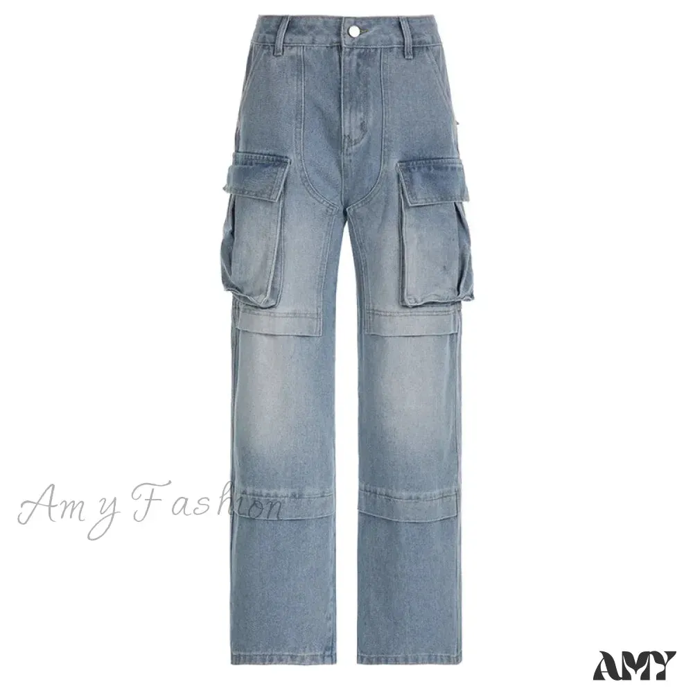 Amy Fashion - Loose Streetwear Summer Outfits 2024 Blue High Waist Casual Fashion Y2K Straight Cargo Denim Jean