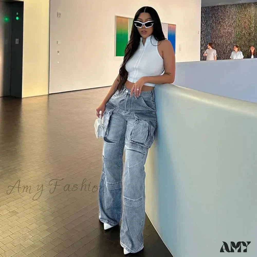 Amy Fashion - Loose Streetwear Summer Outfits 2024 Blue High Waist Casual Fashion Y2K Straight Cargo Denim Jean