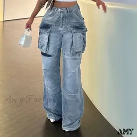 Amy Fashion - Loose Streetwear Summer Outfits 2024 Blue High Waist Casual Fashion Y2K Straight Cargo Denim Jean