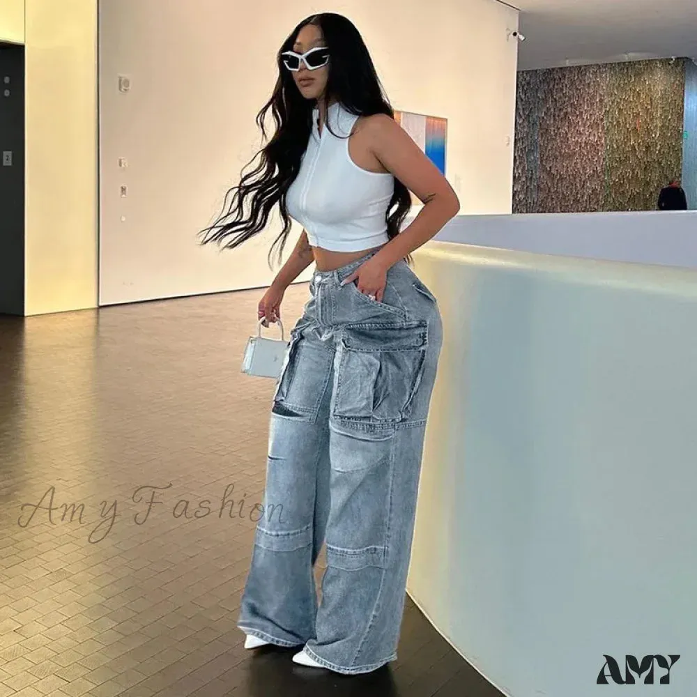 Amy Fashion - Loose Streetwear Summer Outfits 2024 Blue High Waist Casual Fashion Y2K Straight Cargo Denim Jean