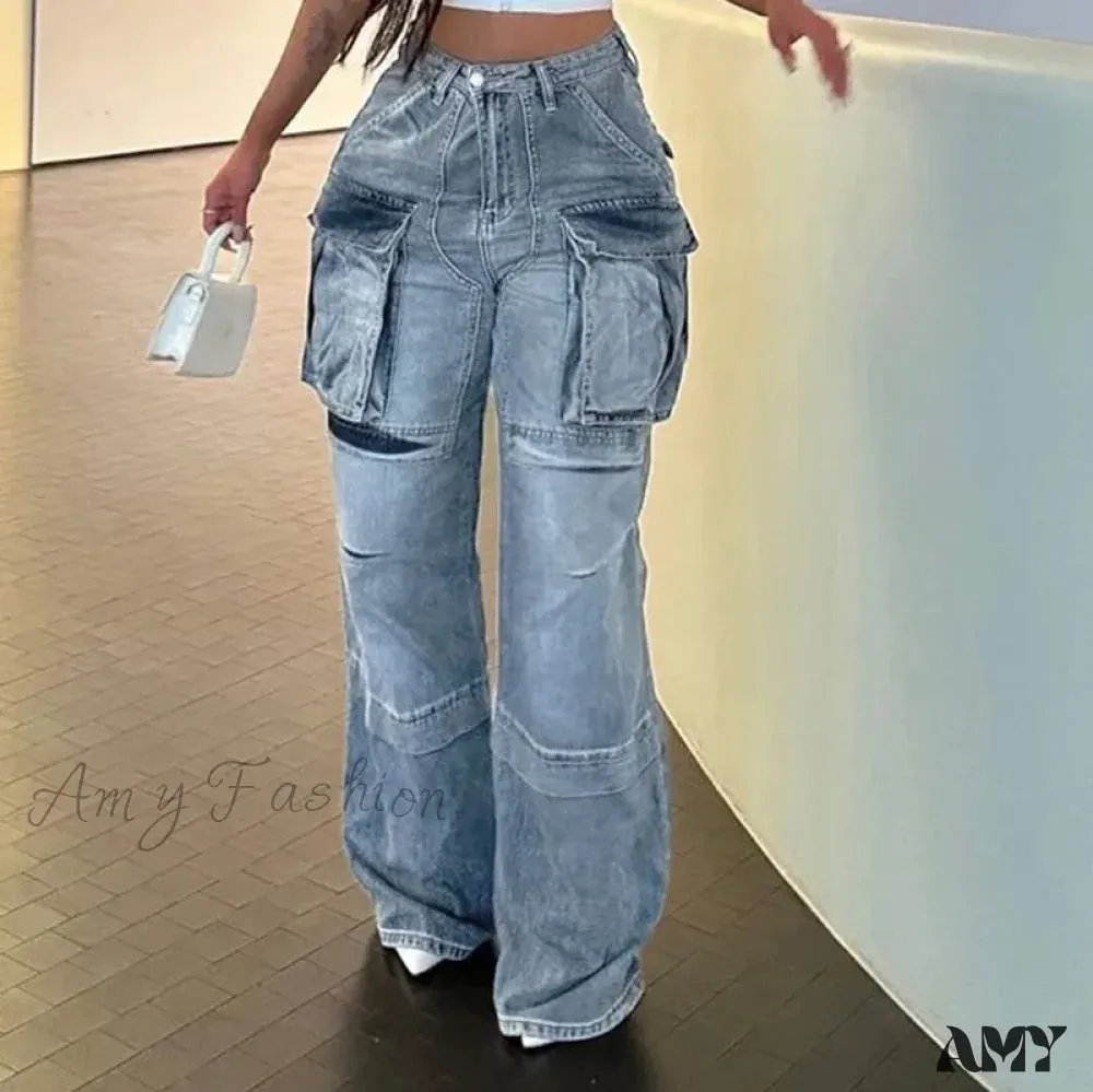 Amy Fashion - Loose Streetwear Summer Outfits 2024 Blue High Waist Casual Fashion Y2K Straight Cargo Denim Jean