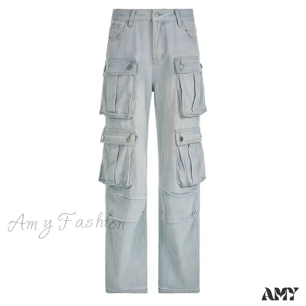 Amy Fashion - Loose Streetwear Summer Outfits 2024 Blue High Waist Casual Fashion Y2K Straight Cargo Denim Jean