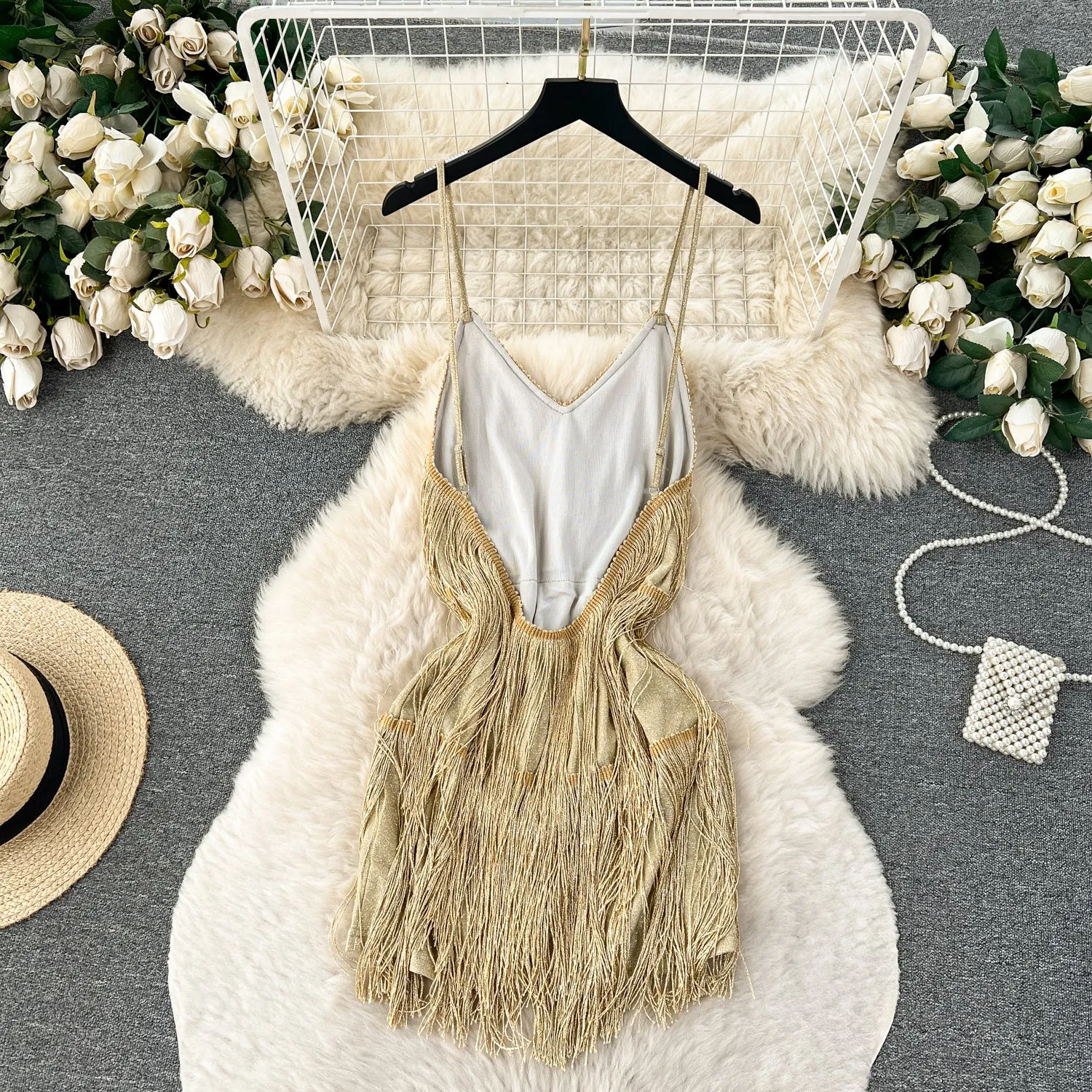 Backless Fringed Patchwork Slip Dress