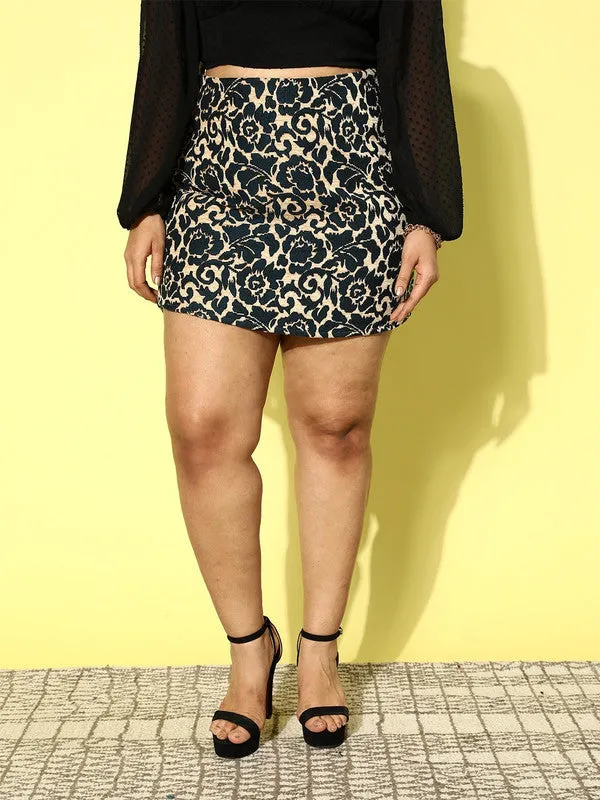 Berrylush Women Plus Size Beige & Black Floral Printed Jacquard Cotton Straight Hem Pencil Mini Skirt