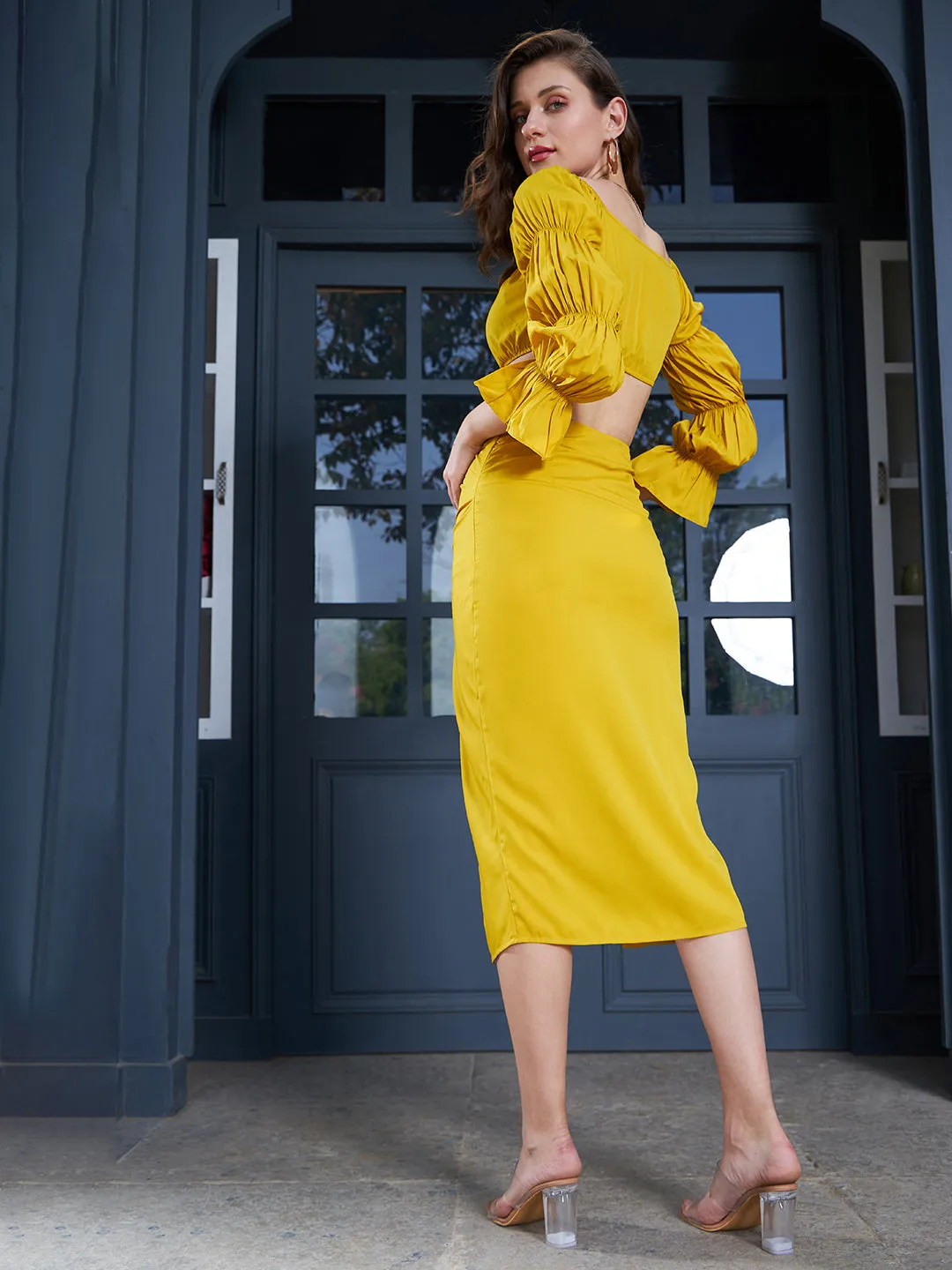 Berrylush Women Solid Yellow Knot Front Gathered Sleeve Crop Top & Split Thigh Midi Skirt Co-Ord Set