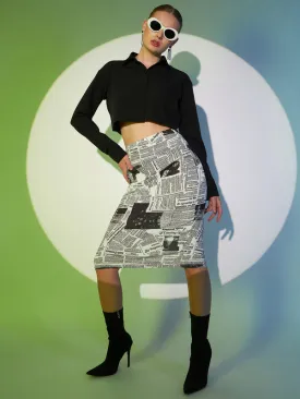 Berrylush Women White & Black Newspaper Printed High-Rise Waist Straight Hem Slip-On Back-Slitted Pencil Midi Skirt