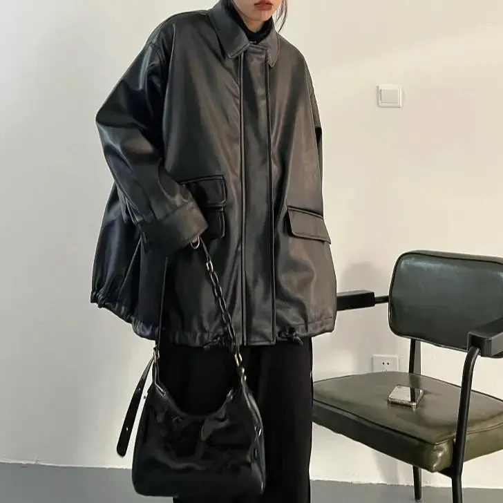 Black Pocket PU Leather Jacket
