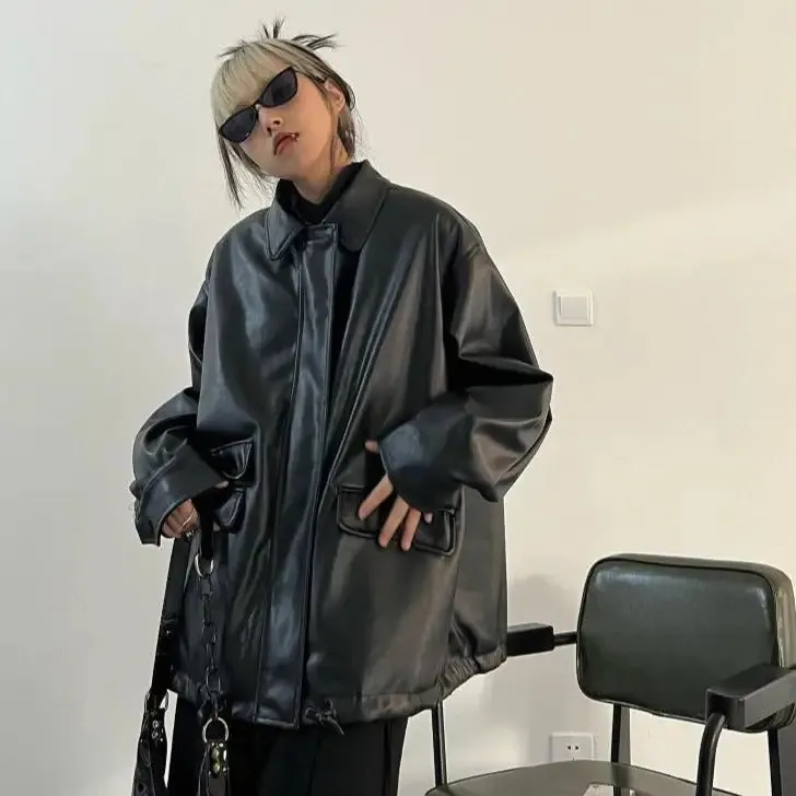 Black Pocket PU Leather Jacket