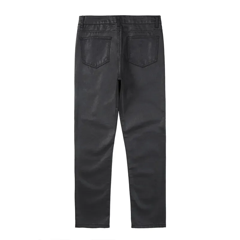 Black Solid Wax Coating Pants
