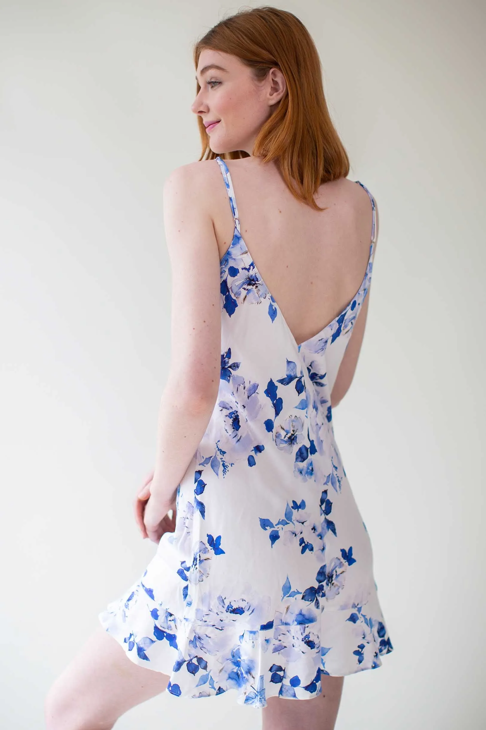 Botanical love Bias cut Flounce slip dress in blue floral
