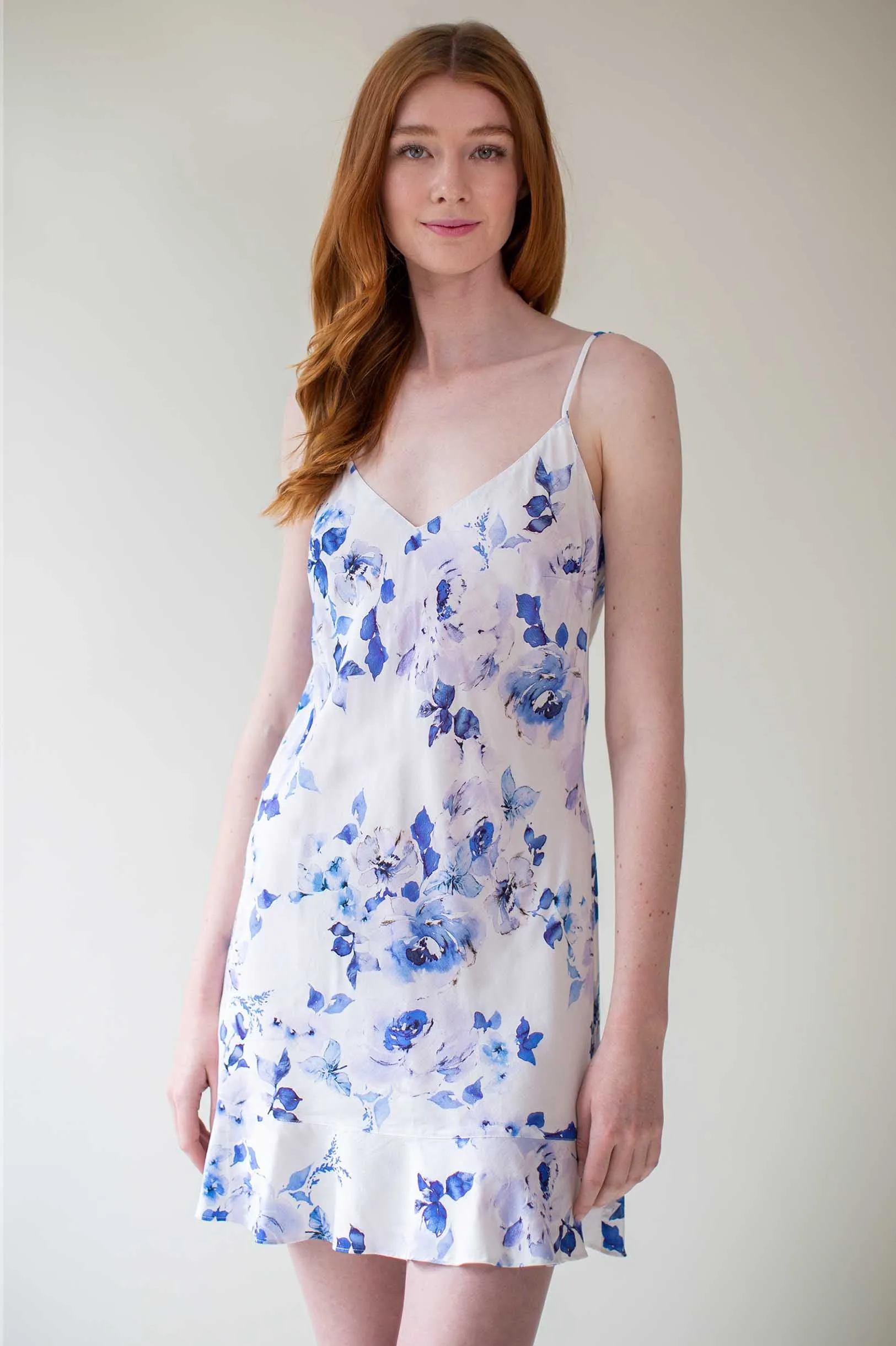 Botanical love Bias cut Flounce slip dress in blue floral