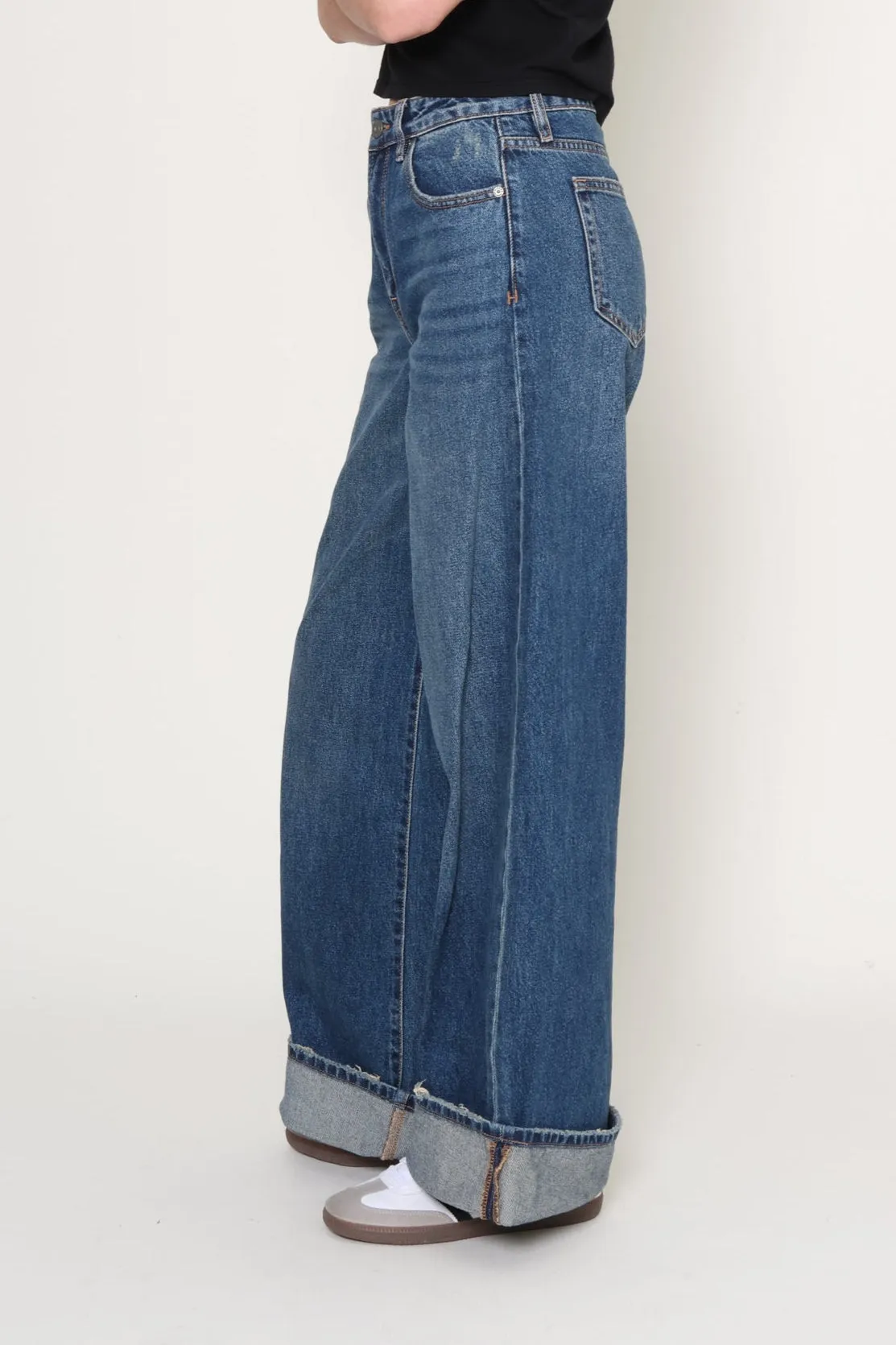 Cuffed Dark Wash Wide Leg Jean