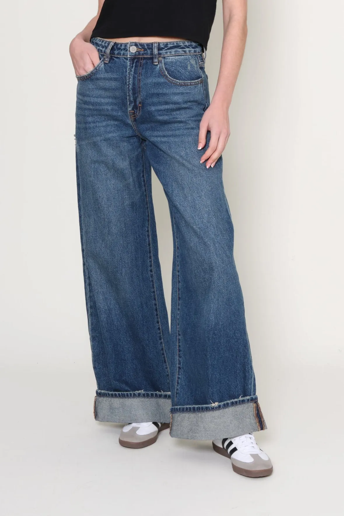 Cuffed Dark Wash Wide Leg Jean