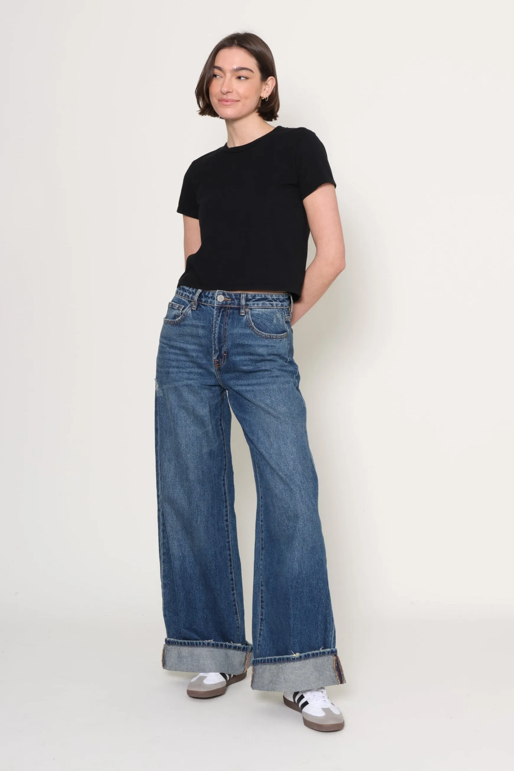 Cuffed Dark Wash Wide Leg Jean
