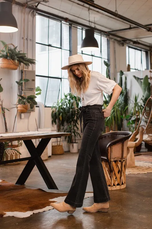 Dark Denim Super High Rise Black Flare With Tie Waist Belt