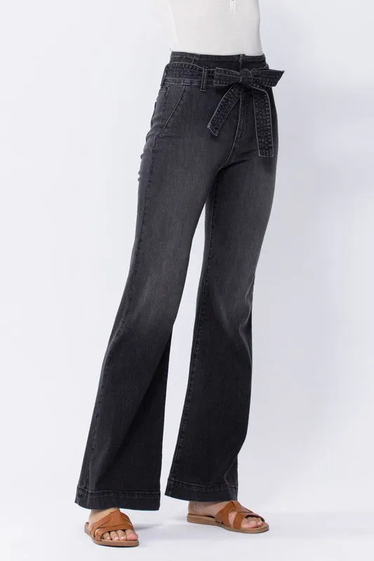 Dark Denim Super High Rise Black Flare With Tie Waist Belt