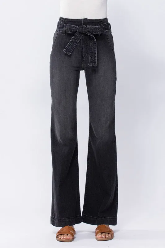 Dark Denim Super High Rise Black Flare With Tie Waist Belt