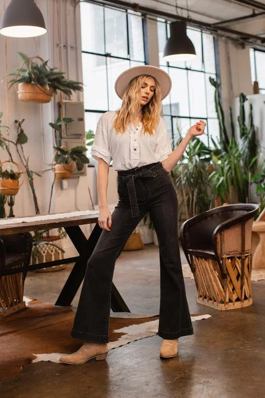Dark Denim Super High Rise Black Flare With Tie Waist Belt