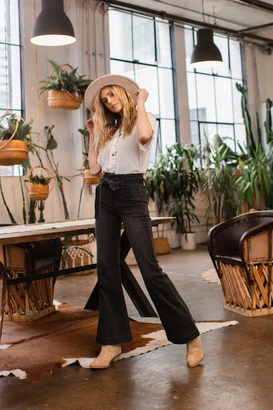 Dark Denim Super High Rise Black Flare With Tie Waist Belt