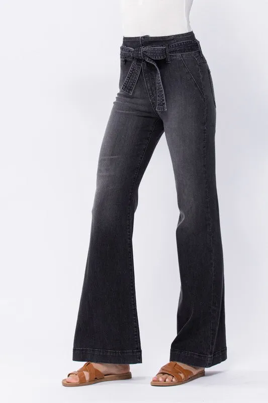 Dark Denim Super High Rise Black Flare With Tie Waist Belt