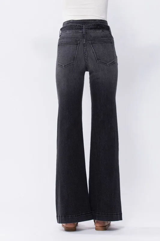 Dark Denim Super High Rise Black Flare With Tie Waist Belt