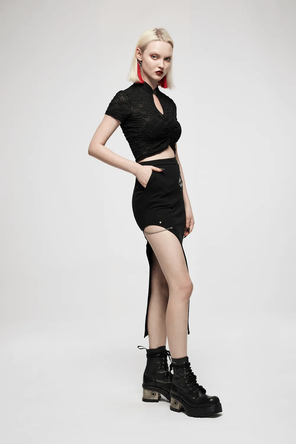Dark Punk Asymmetric Skirt with Dragon Embroidery