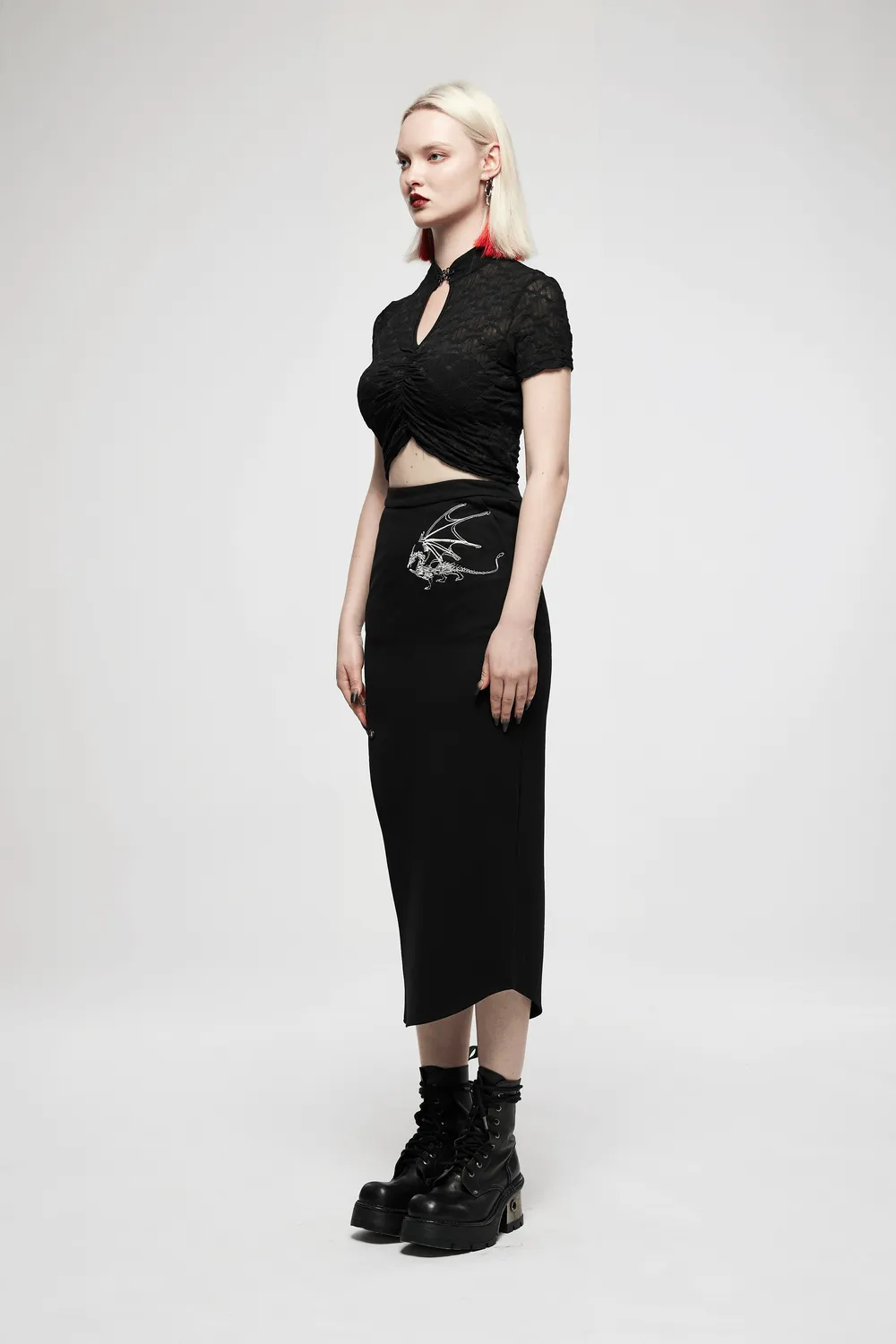 Dark Punk Asymmetric Skirt with Dragon Embroidery