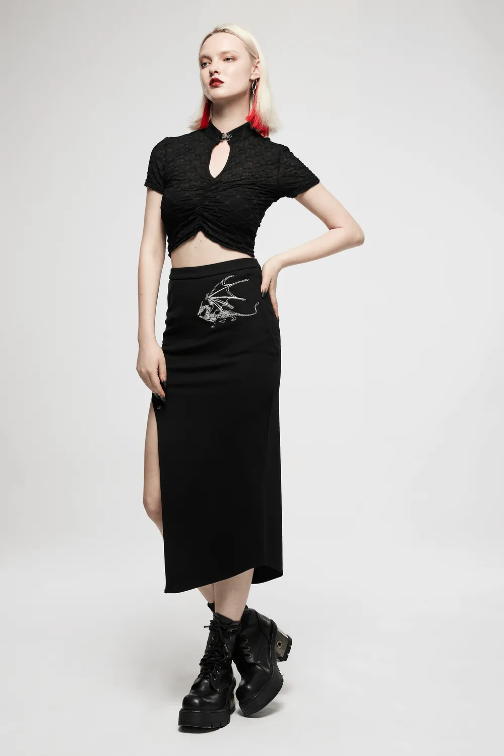 Dark Punk Asymmetric Skirt with Dragon Embroidery