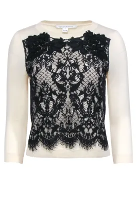 Diane von Furstenberg - Ivory  Wool Blend Sweater w/ Black Lace Detail Sz P