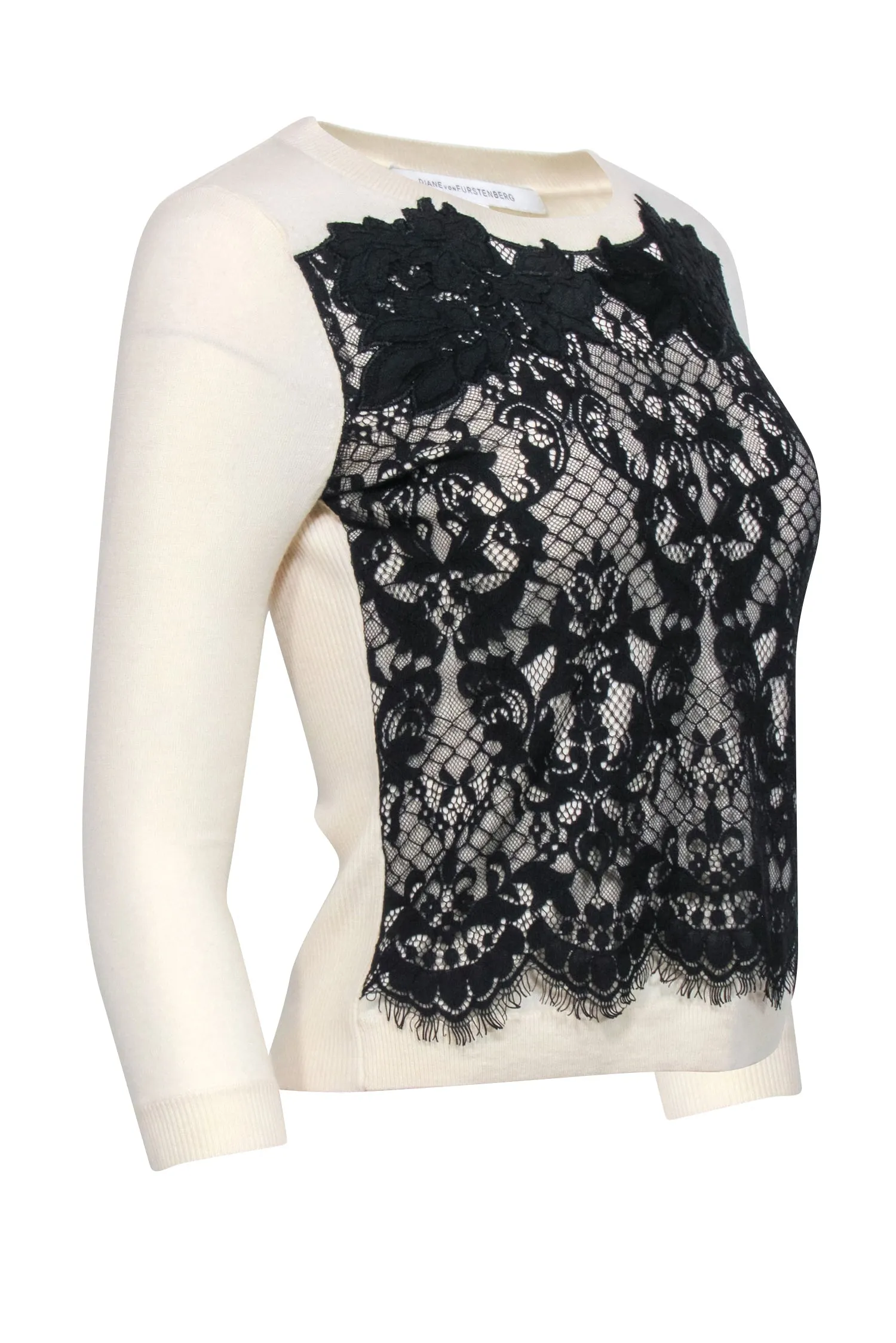 Diane von Furstenberg - Ivory  Wool Blend Sweater w/ Black Lace Detail Sz P