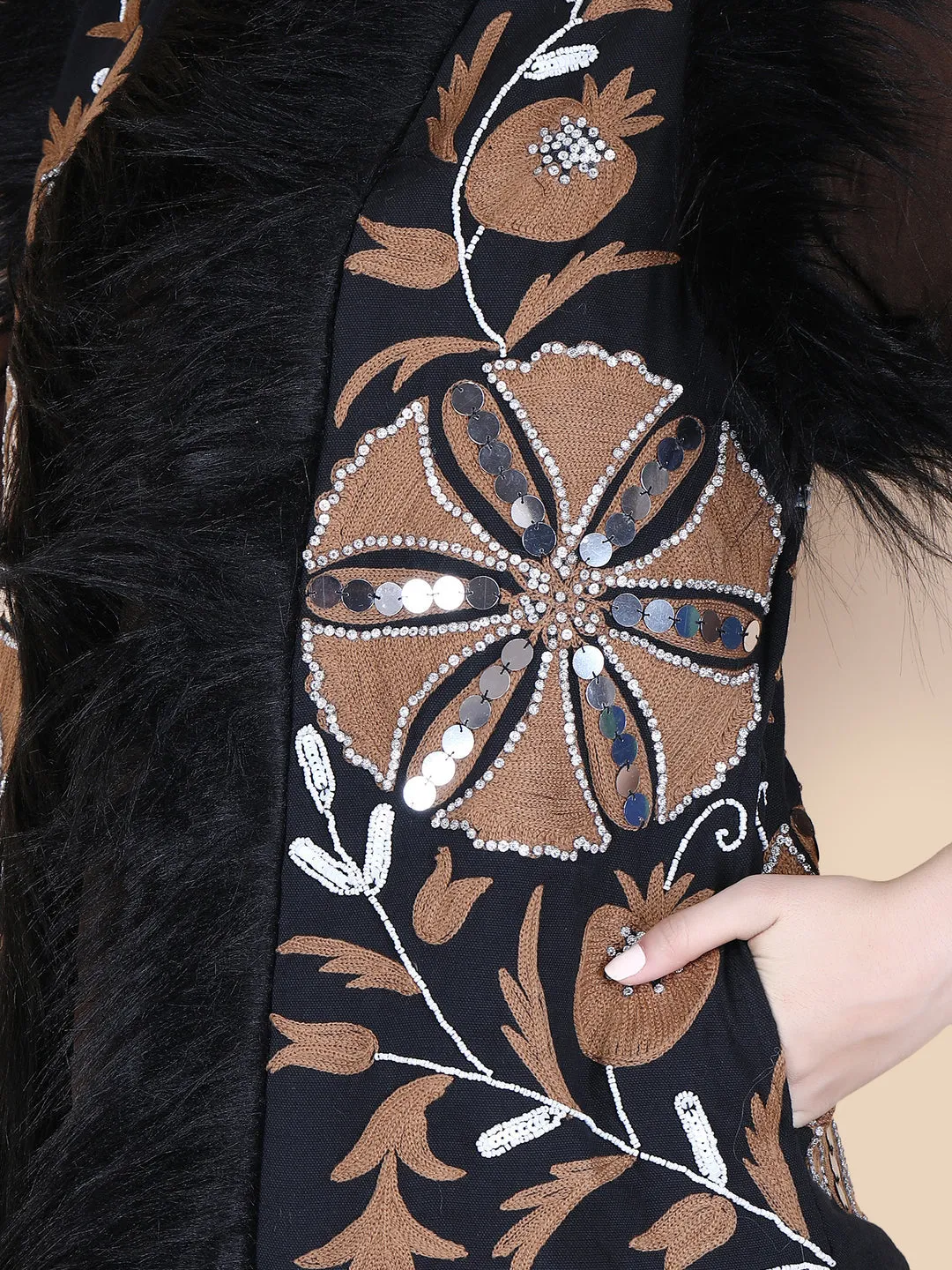 Embroidered Faux Fur Vest • Black