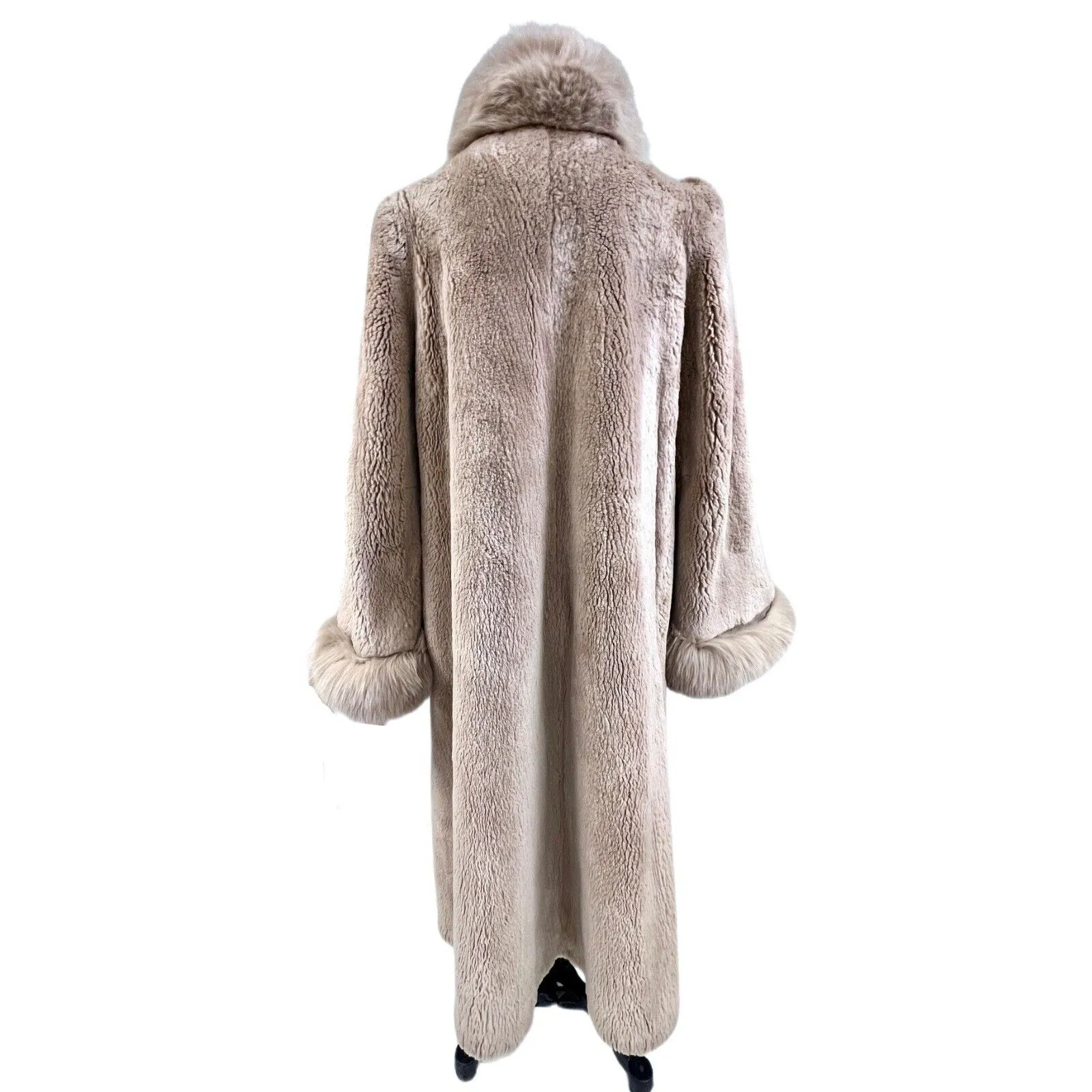 Exquisite Vintage Long Beige Blush Sheared Beaver Coat with Fox Trim  Women's Small