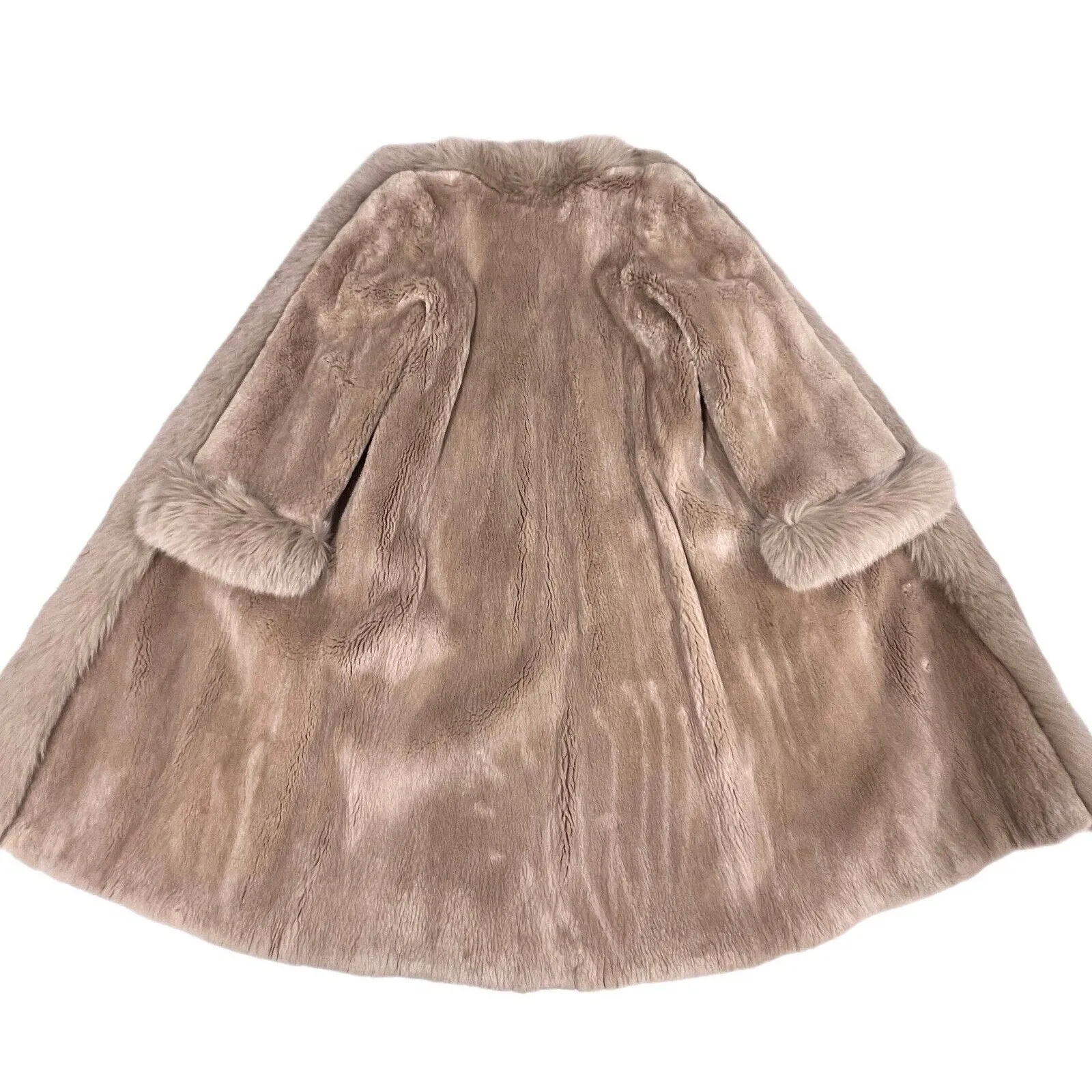 Exquisite Vintage Long Beige Blush Sheared Beaver Coat with Fox Trim  Women's Small