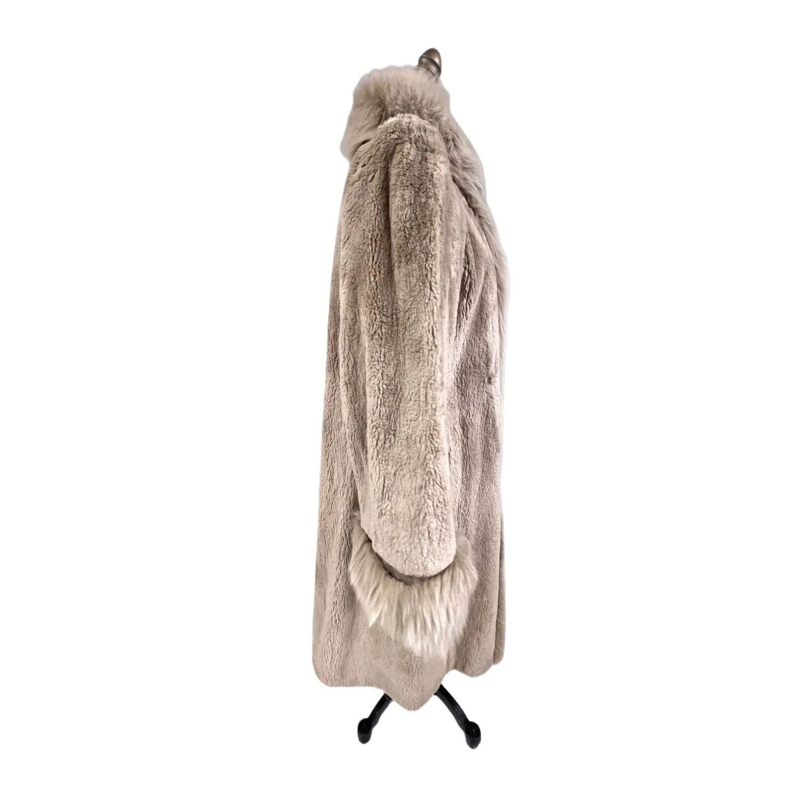 Exquisite Vintage Long Beige Blush Sheared Beaver Coat with Fox Trim  Women's Small