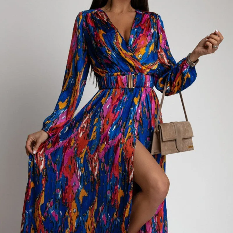 Fashion Printed V-Neck Belt Dress