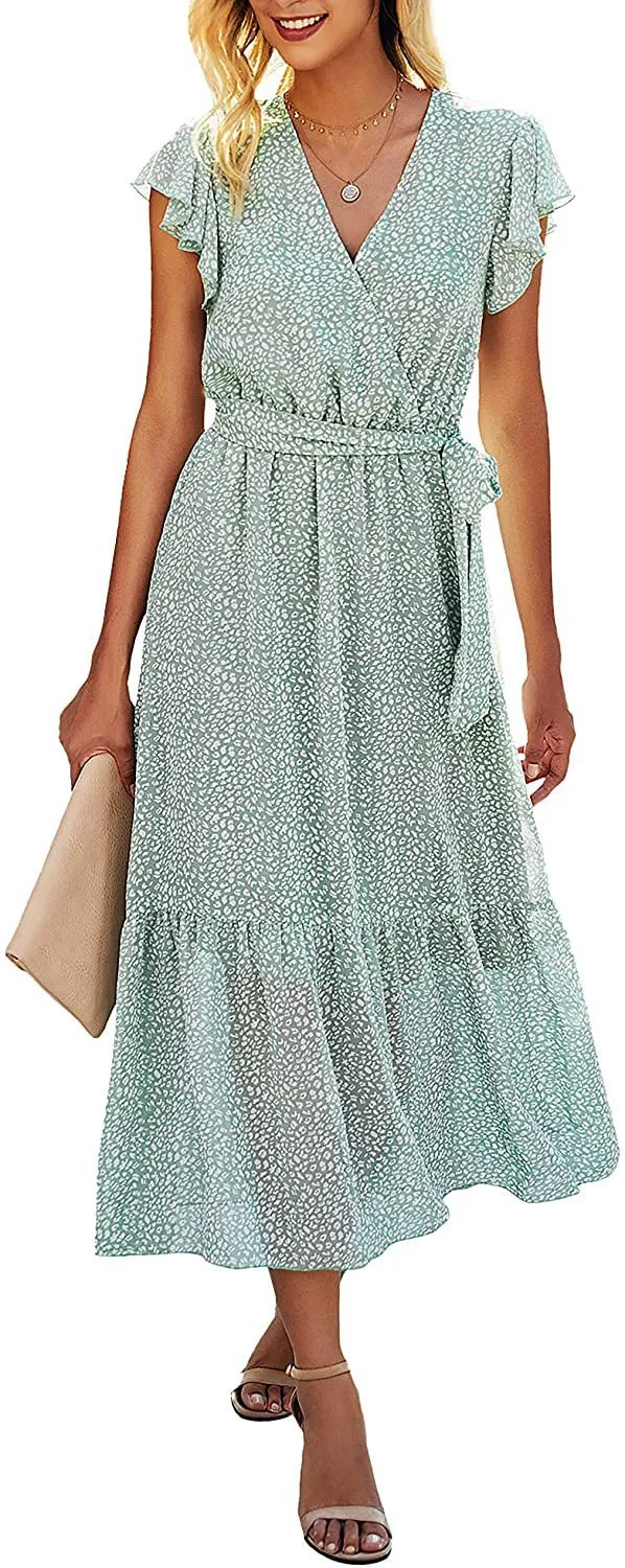 Fashion Printed V-Neck Cross Lace-Up Dress