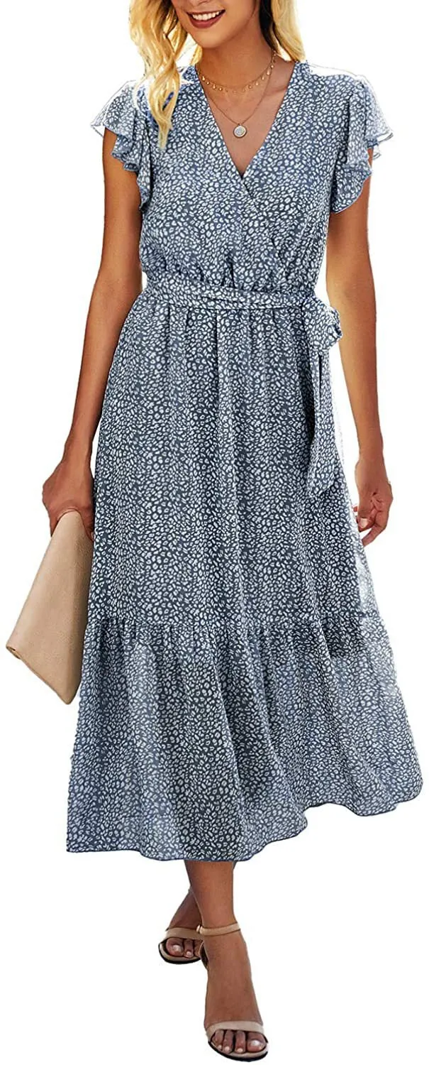 Fashion Printed V-Neck Cross Lace-Up Dress