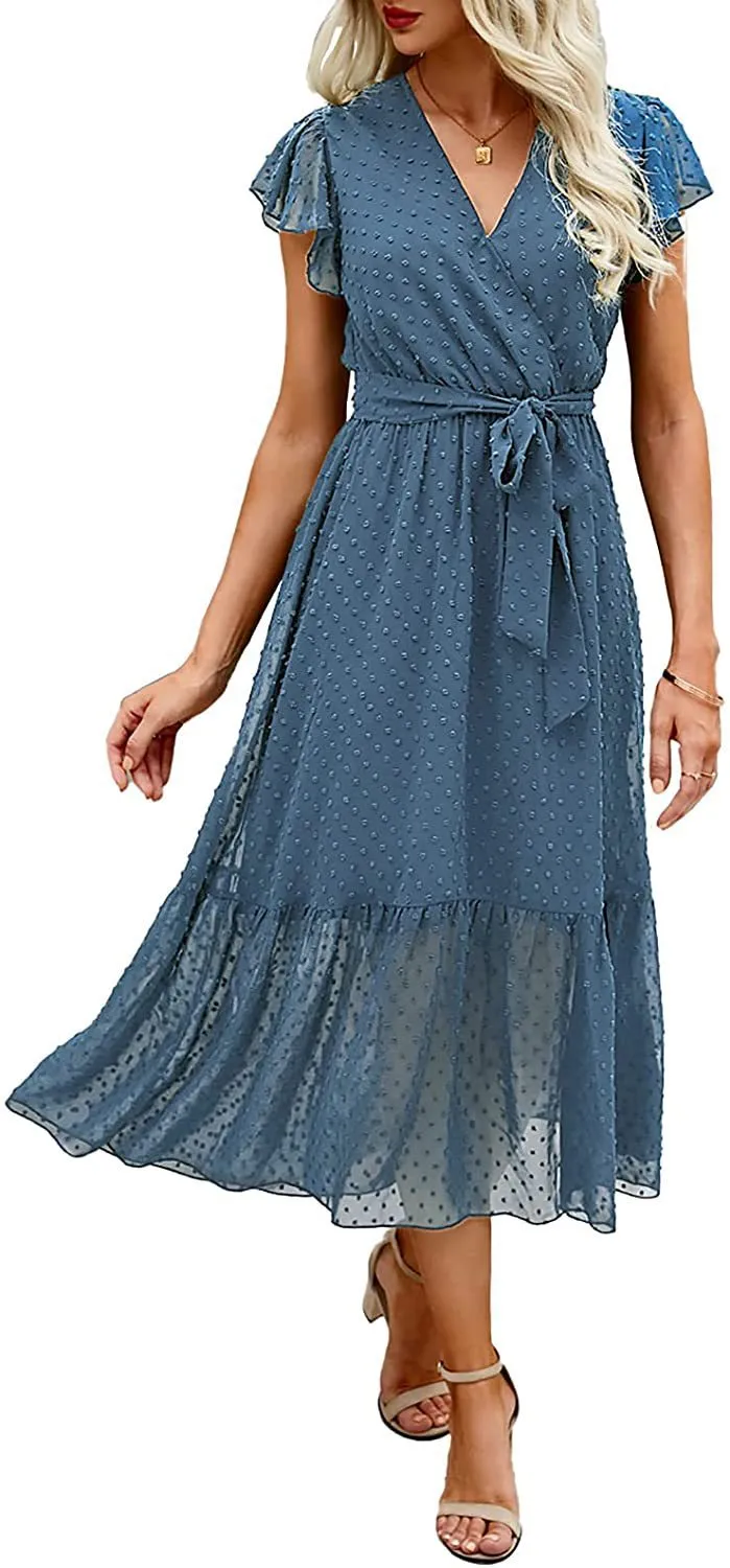 Fashion Printed V-Neck Cross Lace-Up Dress