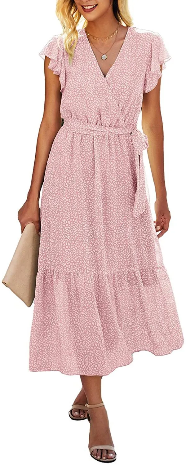 Fashion Printed V-Neck Cross Lace-Up Dress