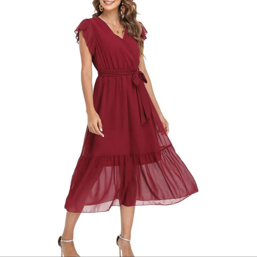 Fashion Printed V-Neck Cross Lace-Up Dress