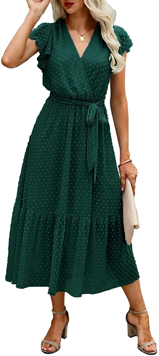 Fashion Printed V-Neck Cross Lace-Up Dress