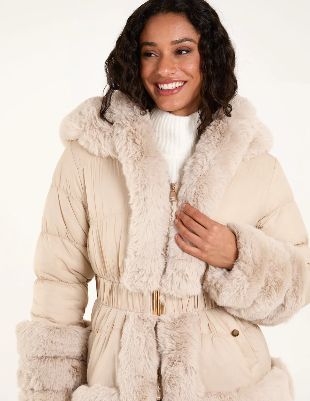 Faux Fur Trim Belted Puffer Coat