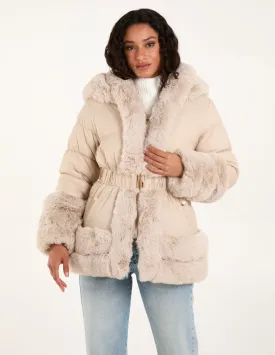 Faux Fur Trim Belted Puffer Coat