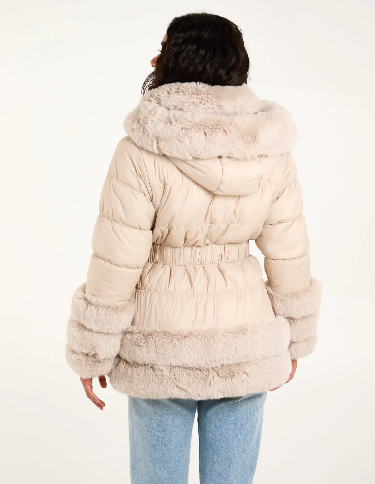 Faux Fur Trim Belted Puffer Coat